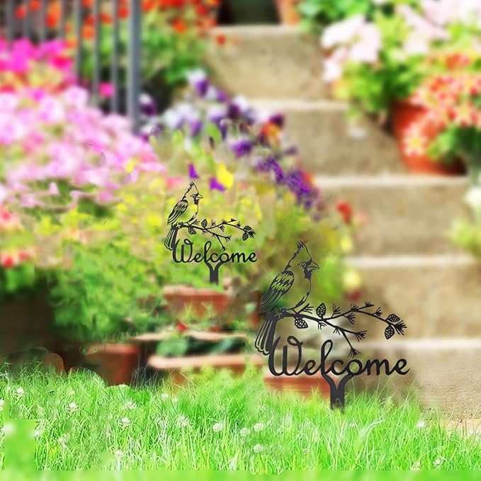 Metal Cardinal Garden Decor Bird Gifts for Women Mom Birthday Black Silhouette Birds Statues for Outside Garden Yard Art Sign Patio Lawn Ornaments Outdoor Decor 13.78 * 10.63in