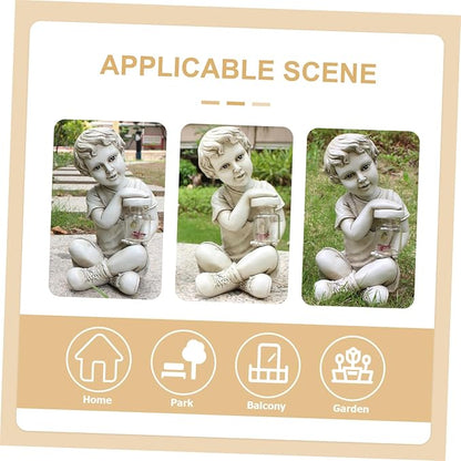 Resin Solar Sculpture with Jar Decor Outdoor Figurine Solar Powered Ornament for Flowerbed Statue for Parties and Lawn Decor