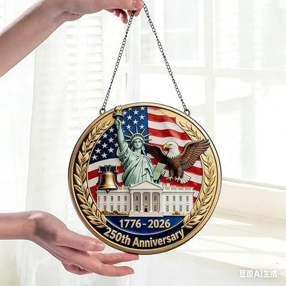 250th Anniversary America Round Ornament,1776-2026 Years with Freedom USA Flag Designs Patriotic Acrylic Stained Glass for Garden Decor Independence Day Sun Catcher for Home Supplies