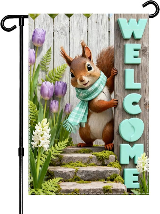 Spring Summer Welcome Flag with 12x18 inch ，Squirrel Design, Decorative Outdoor Double-Sided Banner with Purple Tulips and Mint Letters, Seasonal Home Yard Decor