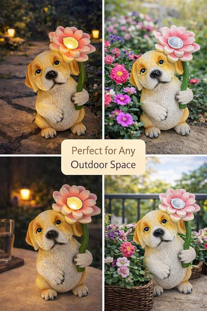 GoGnome Solar Dog Garden Statue with LED Flower – Hand-Painted Resin Puppy Figurine, Solar Powered Outdoor Garden Decor, Auto On/Off Yard Light Gift (Puppy)