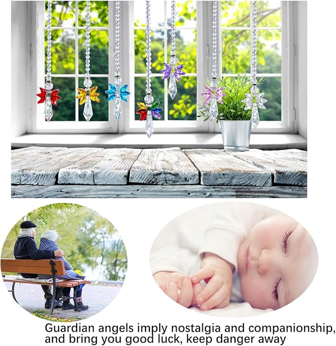 7pcs Rainbow Guardian Angel Suncatcher for Home/Car Decoration & Porch Decor & Hangings Crystal Glass Ornament for Mom Women