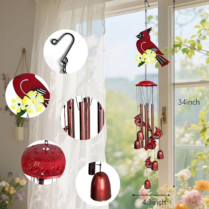 HONGLAND Cardinal Wind Chimes for Outside, Metal Windchimes Outdoors, Standing Cardinal Gifts for Home/Garden Decor, Memorial Wind Chimes for Women/Men, Durable Chimes for Outdoor