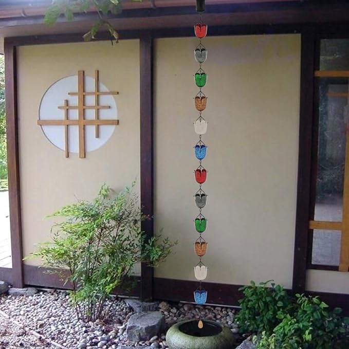 8.5FT Multicolor Rain Chains for Gutter and Rain Barrel, Rust-Resistant Plated Iron Rain Chain, Decorative and Functional Replacement for Downspouts or Gutters, W/Gutter Adapter (2 x 6color Cups)