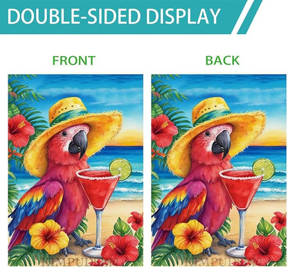 Summer Tropical Parrot House Flag 28x40 Inch Double Sided Outside, Colorful Beach Yard Decor Large Burlap Garden Flag for Outdoor Holiday Decoration