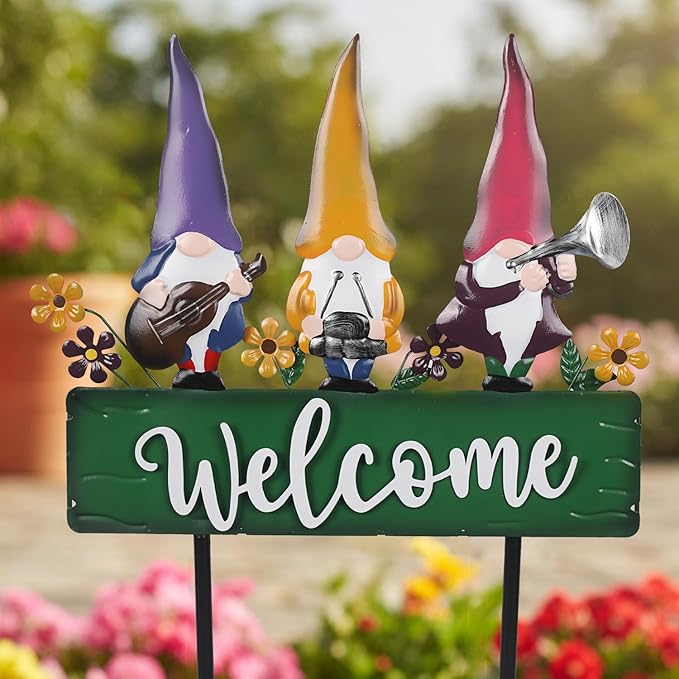 Spring Gnomes Decorations for Yard with Garden Welcome Sign, Large 43.3inch Musical Gnome Decorative Garden Stakes Metal Yard Art for Outdoor Lawn Decorations