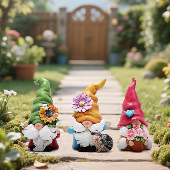 Hodao Set of 3 Spring Gnome Decorations Flower Gnomes Ornaments Decor Summer Outdoor Figurines Spring Elves for Porch, Garden Yard, Flower Bed Garden Gifts for Women, Mom