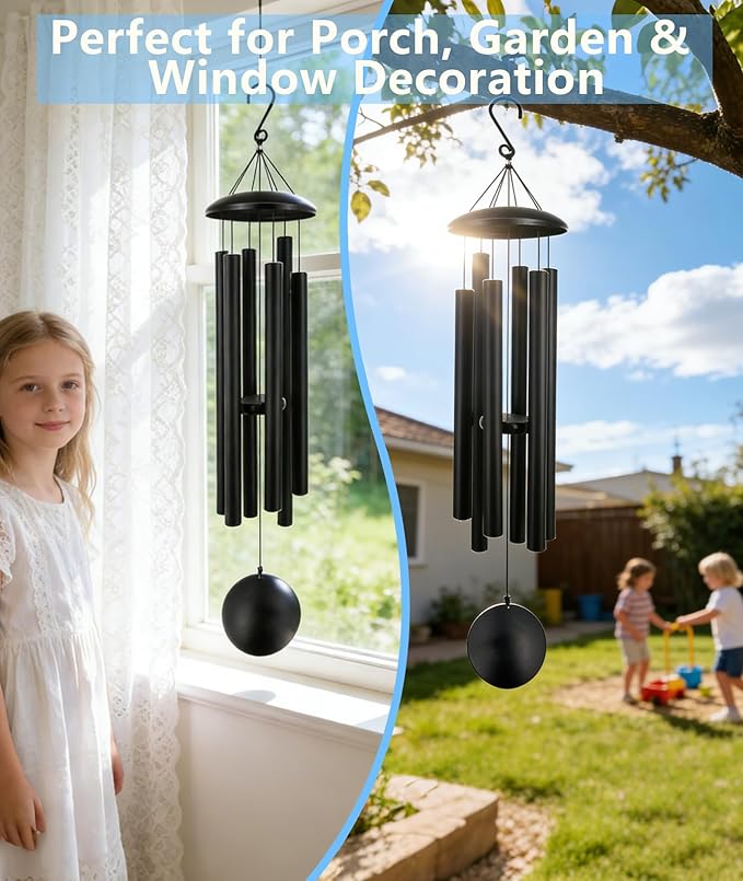 45 Inch Memorial Wind Chimes Outdoor, Large Deep Tone with 6 Heavy Aluminum Tubes, Hand-Tuned Sympathy Gift for Loss of Loved One, Garden Hanging Decor for Yard, Black (45")