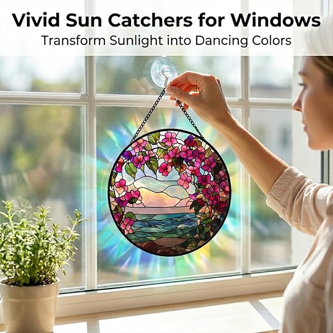 Birthday Gifts for Women - Ocean Flowers Faux Stained Glass Window Hanging Sun Catcher for Door Garden Acrylic Scenery Decor Mother's Day Christmas for Mom Men Nana Grandma Sisters 9.8"