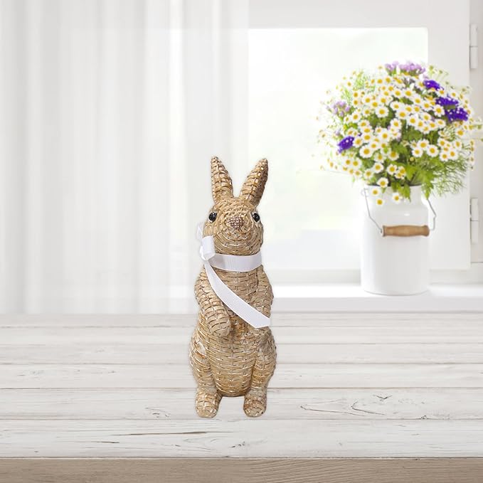 Rattan Rabbit Woven Rabbit Bow Resin Ornaments for Home Courtyard Lawn Tabletop and Easter Decoration to Enhance The Easter Atmosphere Preferred Easter Gifts (8.1in Brown Station)