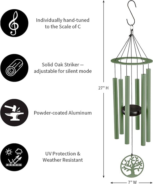 Evergreen Hand Tuned Tree of Life Wind Chime for Outside | Scale of C | Deep Tone | Powder-Coated Metal | Green | 27-Inches Tall | Memorial Gift for Home Garden Decoration