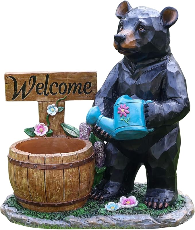 Black Bear Garden Statue Planter, Waterproof Outdoor Resin Animal Flower Pot, Yard Lawn Patio Decor, Front Porch Ornament Housewarming Gift(Black Bear Holding Watering Can)