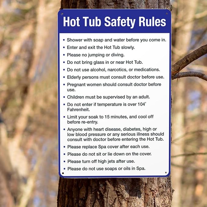 Aluminum Warning Sign, Hot Tub Safety Rules, Pool Sign, Vintage Style, Silver, 8 X 12 Inches