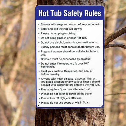 Aluminum Warning Sign, Hot Tub Safety Rules, Pool Sign, Vintage Style, Silver, 8 X 12 Inches