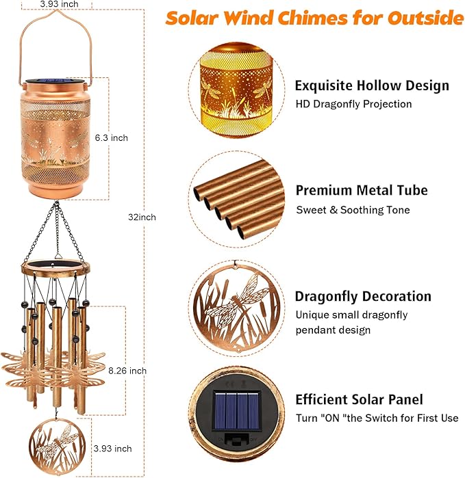 2 Pack Dragonfly Solar Wind Chimes for Outside, Gifts for Mothers Day Mom Women Grandma Birthday Memorial Teacher, 32" Windchimes Outdoor Decor Hanging Solar Lantern for Garden Porch Patio Backyard