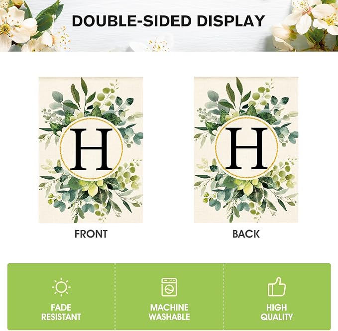 AVOIN colorlife Monogram Letter H Floral House Flag 28x40 Inch Double Sided Outside, Family Last Name Initial Yard Outdoor Decoration