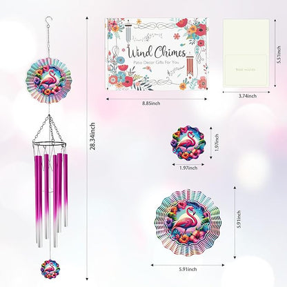 Flamingo Wind Spinner Chime - 6 Inch Hawaiian Style 3D Outdoor Hanging Decor, Tropical Floral Metal Garden Spinner Chime Gift for Women, Kinetic Wind Art Ornament for Yard Patio Balcony