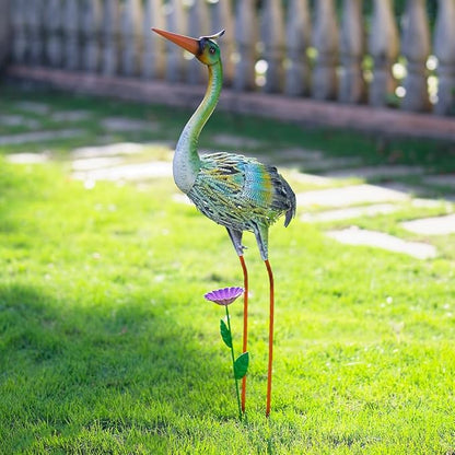 VEWOGARDEN Garden Statues for Outside, 32" Metal Crane Yard Statue Outdoor Animal Statues for Lawn, Patio, Pond, Colorful