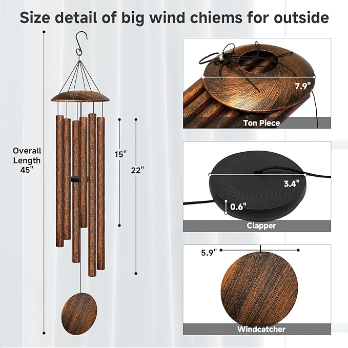 45" Large Wind Chimes for Outside, 6 Thick and Bold Aluminum Tubes Tuned Relaxing Melody Wind Chime Deep Tone, Big Wind Chimes for Garden Patio Decor, Great Gift Idea for Mother's Day (Vintage)