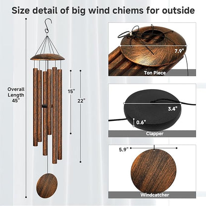 45" Large Wind Chimes for Outside, 6 Thick and Bold Aluminum Tubes Tuned Relaxing Melody Wind Chime Deep Tone, Big Wind Chimes for Garden Patio Decor, Great Gift Idea for Mother's Day (Vintage)