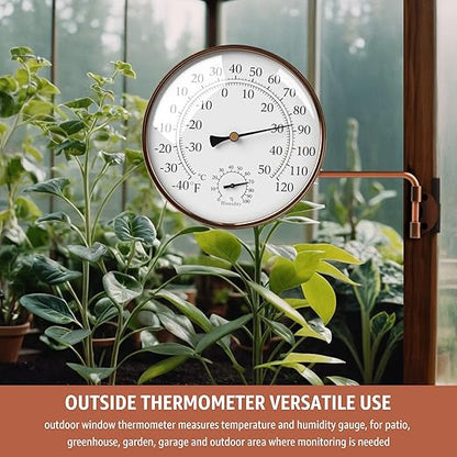 6-Inch Outdoor Thermometer and Humidity Gauge, Window Thermometer for Outside Temperature and Humidity Monitor, Brass Analog Dial, Battery-Free for Patio, Garage, Greenhouse, Garden, Wall