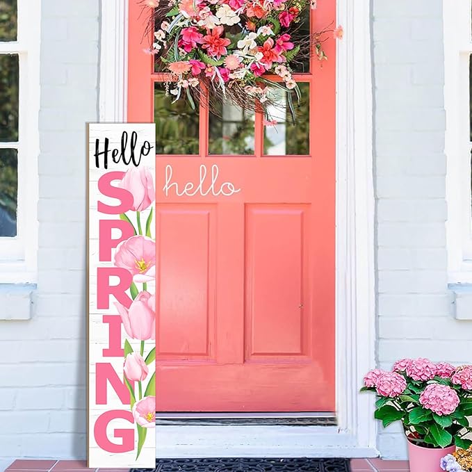 Hello Spring Porch Sign Tulip Wooden Welcome Sign Vertical Spring Hanging Signs For Standing Front Porch Decor Rustic Wall Decor Home Farmhouse Yard Door Spring Decorations 47.2"H