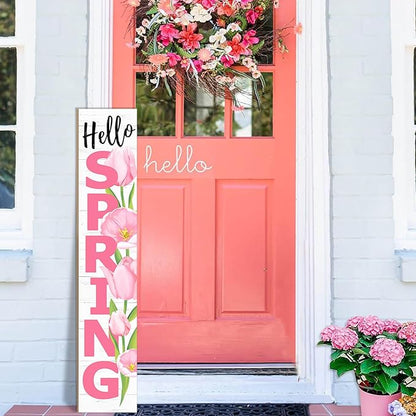 Hello Spring Porch Sign Tulip Wooden Welcome Sign Vertical Spring Hanging Signs For Standing Front Porch Decor Rustic Wall Decor Home Farmhouse Yard Door Spring Decorations 47.2"H