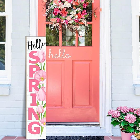 Hello Spring Porch Sign Tulip Wooden Welcome Sign Vertical Spring Hanging Signs For Standing Front Porch Decor Rustic Wall Decor Home Farmhouse Yard Door Spring Decorations 47.2"H