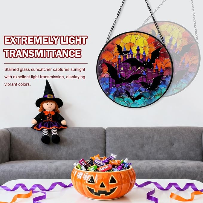 Bat Stained Glass Window Hanging, Horror Movies Decor Suncatcher for Window Hanging, Moon Sun Catchers Indoor Windows Wall Art, Gifts for Bat Lovers, Christmas Decor, for Home Garden Office 7.87 inch