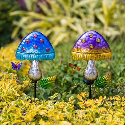 Solar Mushroom Lights for Outside 2 Pack，Mushroom Solar Lights Outdoor Metal Stakes Decorate Garden,Path,Backyard,Flower Bed,Pathway,Lawn