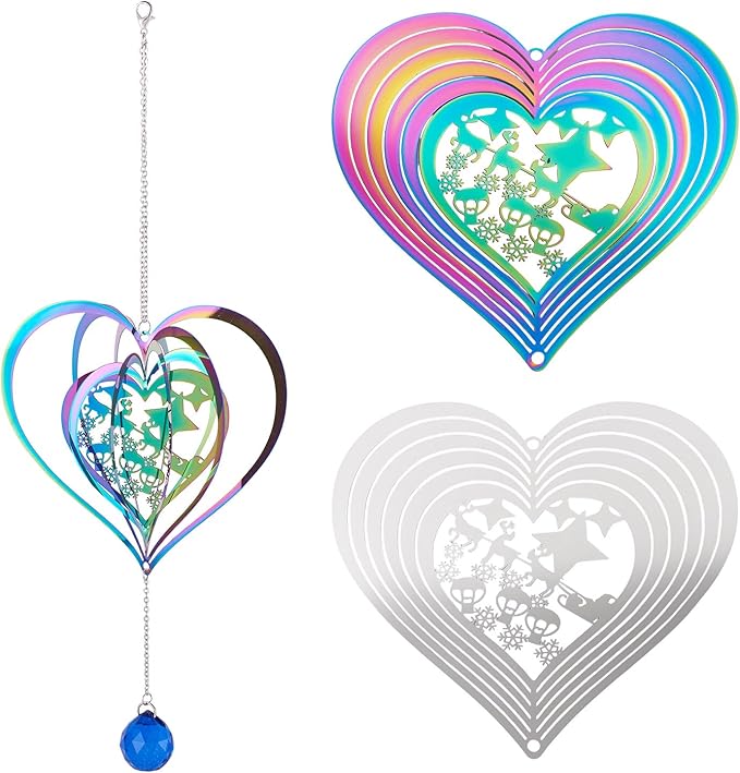 Heart Wind Spinners Outdoor 3D Gradient Twisted Wind Chimes Stainless Steel Etched Metal Embellishments for Christmas Outside Hanging Decor Yarn Home Party Decor 2Pcs