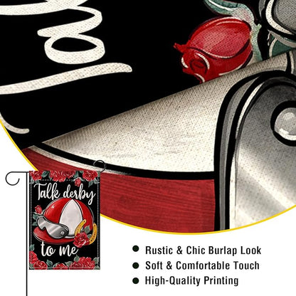 Artofy Kentucky Helmet Small Decorative Garden Flag, Talk Derby To Me Roses Churchill Downs Yard Lawn Outside Decor, Horse Racing Horseshoe Burlap Outdoor Home Decoration Double Sided 12 x 18