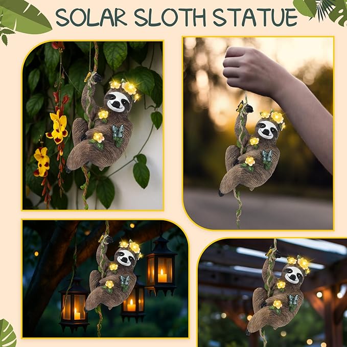 Colingmill 1Pcs 8x5 Inch Solar Sloth Hanging Statue Christmas Resin Garden Gnome Figurine Sloth Decorative with Hook Gifts for Mom Grandma for Outdoor Yard Tree Fence Balcony Wall Decor