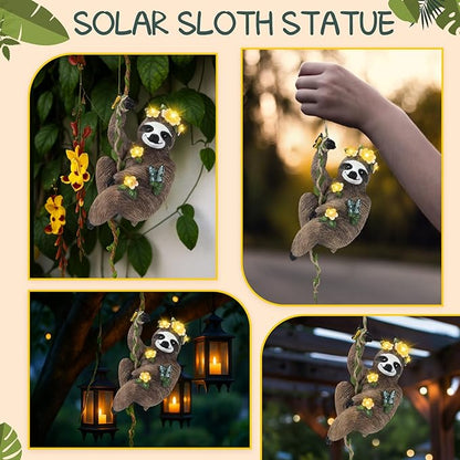Colingmill 1Pcs 8x5 Inch Solar Sloth Hanging Statue Christmas Resin Garden Gnome Figurine Sloth Decorative with Hook Gifts for Mom Grandma for Outdoor Yard Tree Fence Balcony Wall Decor