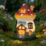 Ferrisland Solar Powered Mushroom House Statue with LED Light, 6.8 Inch Resin Garden Figurine with Welcome Sign, Outdoor Decor for Patio, Lawn, Yard, Pathway, Garden Gifts(Mushroom House)