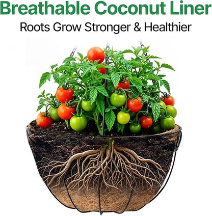 Amagabeli 4 Pack 14 Inch Metal Hanging Baskets Planter Outdoor Round Wire Hanging Basket for Plants with Coco Fiber Liners Chain Plant Holder for Garden Patio Deck Porch Plants Vegetables Flower Pots