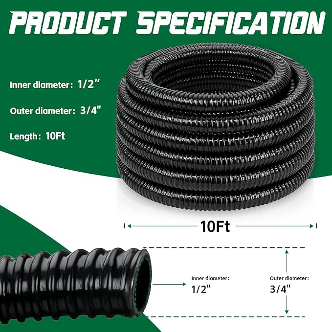 Pond Tubing 1/2” × 10 Feet Black Flexible PVC Pond Hose,Garden Pond PVC Tube - Reinforced, Kink-Resistant Tubing for Pumps, Fountains & Waterfalls, with 4 Clamps,1/2" Dia