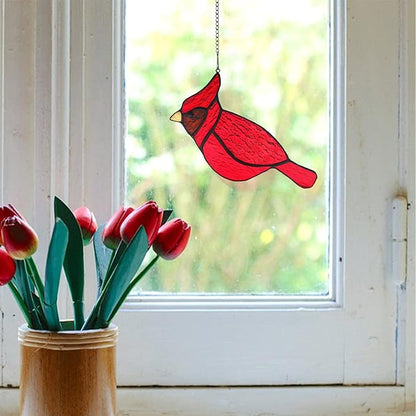 BOXCASA Red Cardinal Suncatcher for Window, Handmade Stained Glass Hanging, Memorial Gift for Loss of Loved One, Bird Decor for Women Mom Grandma Nana