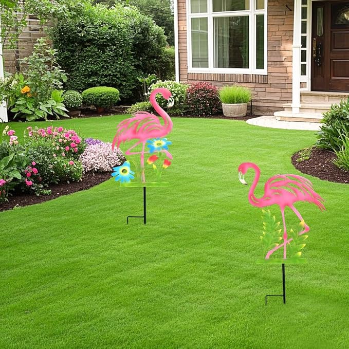 2 Pack Pink Flamingo Garden Statue - 20.5 inch Hand Flamingo Painted Metal Patio Art, Outdoor Decorative Stake Flamingo Statue for Lawn, Patio, Porch and Backyard, Gifts for Ladies (A Style 2 Pack)