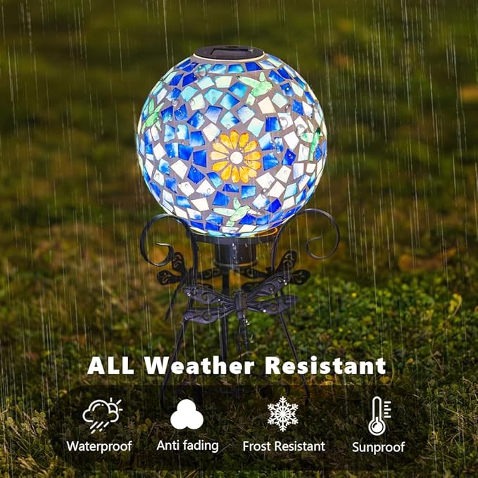 Stargarden Solar Gazing Ball, 10" Mosaic Gazing Ball,Glass Gazing Globe with Metal Stand, Decorative Solar Globes for Patio, Lawn, Garden Decor