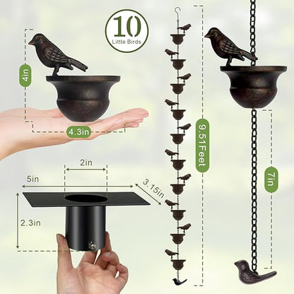 Metal Bird Rain Chain for Gutters, 9.5 Ft Rust-Resistant Outdoor Rain Catcher with Hanging Gutter Adapter, Perfect for Heavy Rain, Indoor/Outdoor Decoration, Dark Bronze Finish