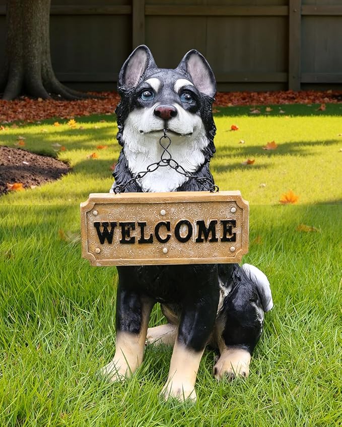 Husky Dog Garden Statue with Solar Lantern, 14.2" Outdoor Resin Puppy Figurine with Welcome & On Patrol Sign, Waterproof Pet Sculpture for Patio Yard Porch Decor, Dog Lover Gift