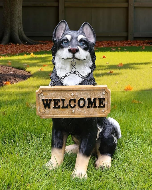 Husky Dog Garden Statue with Solar Lantern, 14.2" Outdoor Resin Puppy Figurine with Welcome & On Patrol Sign, Waterproof Pet Sculpture for Patio Yard Porch Decor, Dog Lover Gift
