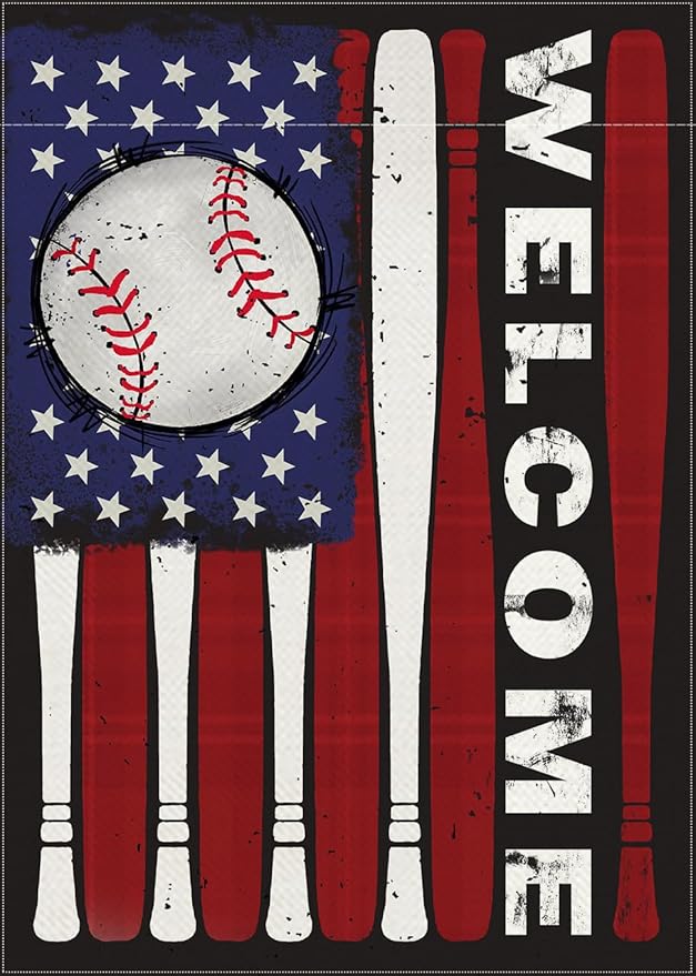Welcome July 4th Baseball Patriotic Decorative Garden Flag, Red White Bat America USA Independence Day Yard Outside Decorations, Stars American Outdoor Small Home Decor Double Sided 12 x 18