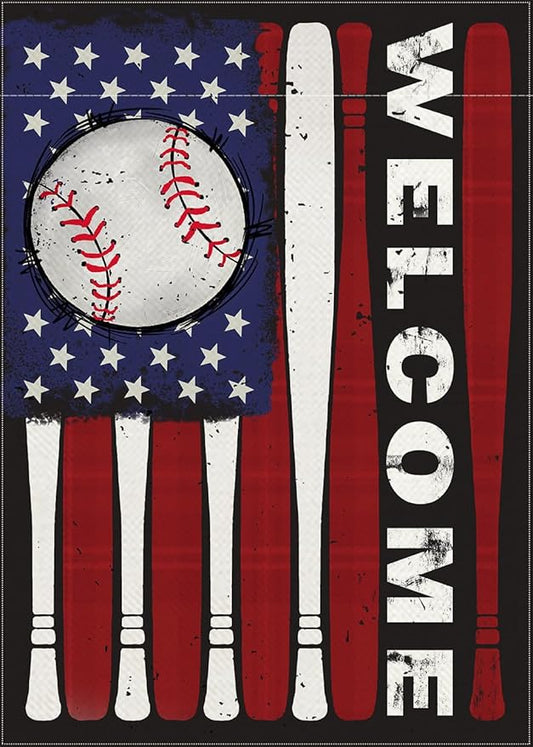 Welcome July 4th Baseball Patriotic Decorative Garden Flag, Red White Bat America USA Independence Day Yard Outside Decorations, Stars American Outdoor Small Home Decor Double Sided 12 x 18