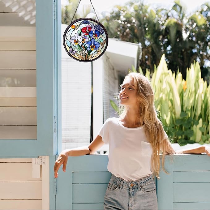 Family Birth Flowers Stained Glass Window Hanging Flower Sun Catcher Decor Birthday Gifts for Women Christmas Suncatchers for Home Windows Hanging Decoration, 7.87inch