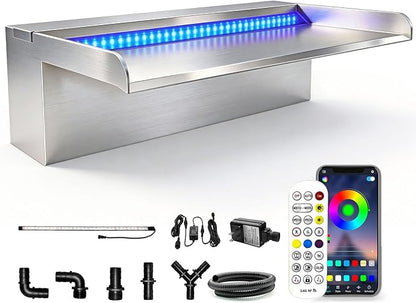 LONGRUN with lid Stainless Steel Waterfall Spillway,APP Control Multi-Color LED Light Outdoor Pool Fountain,Water Spillway Koi Pond Waterfalls Fountains Kit for Garden Patio Swimming Pool-11.8"