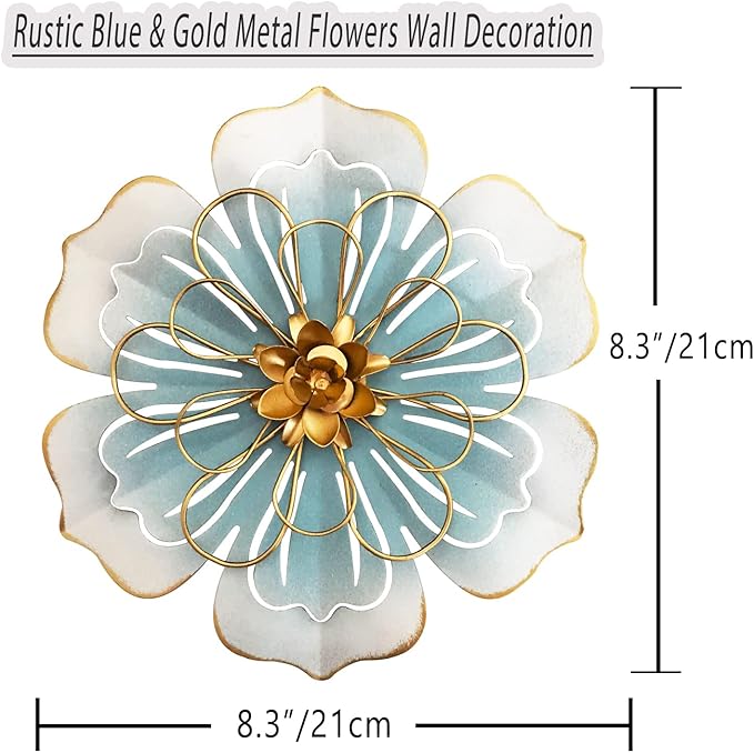 Metal Flower Wall Art Decor, 8.3''Rustic Modern Floral Sculpture, Distressed Iron Wall Hanging Home Decoration Accent Artworks for Indoor Kitchen Bedroom Living Office Outdoor Garden Patio-06 Blue Gold