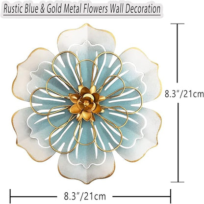 Metal Flower Wall Art Decor, 8.3''Rustic Modern Floral Sculpture, Distressed Iron Wall Hanging Home Decoration Accent Artworks for Indoor Kitchen Bedroom Living Office Outdoor Garden Patio-06 Blue Gold