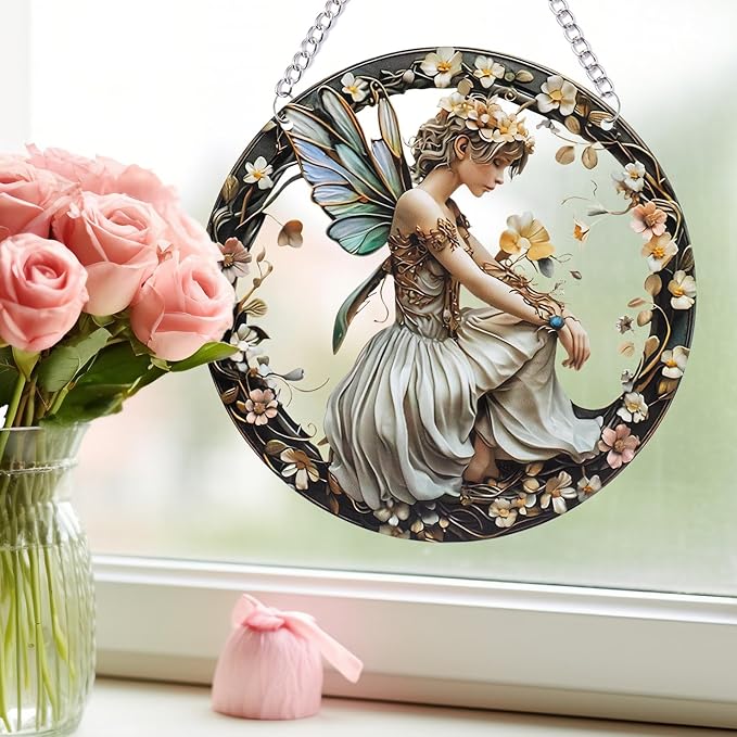 Butterfly Girl Fairy Suncatcher Acrylic Flower Fairy Window Hanging Stained Sun Catchers Indoor Window Decor with Chain Home Garden Decoration 7.8 inch YKA188 (A)